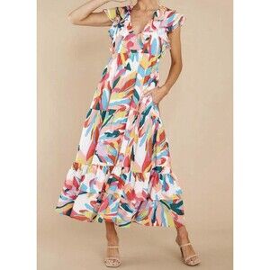 Crosby by Mollie Burch Willow Maxi Dress Tiered Hem Flutter Large Happy Palms